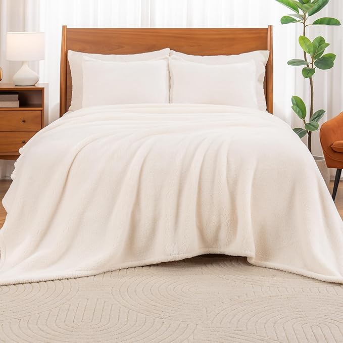 Berkshire Blanket Classic Extra-Fluffy™ Plush Blanket Queen Size, Soft Fuzzy Fluffy Long Hair Blanket for Couch Sofa Bed, Cream, 90x90 Inches