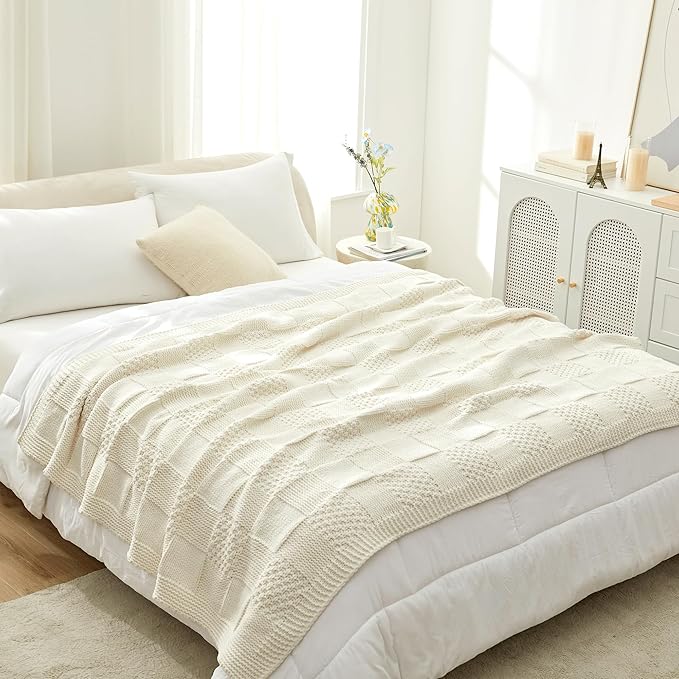 Amélie Home Chenille Knit Throw Blanket for Couch, Checkered Texture Decorative Soft Blanket for Sofa, Bed & Living Room, 60"x80", Ivory
