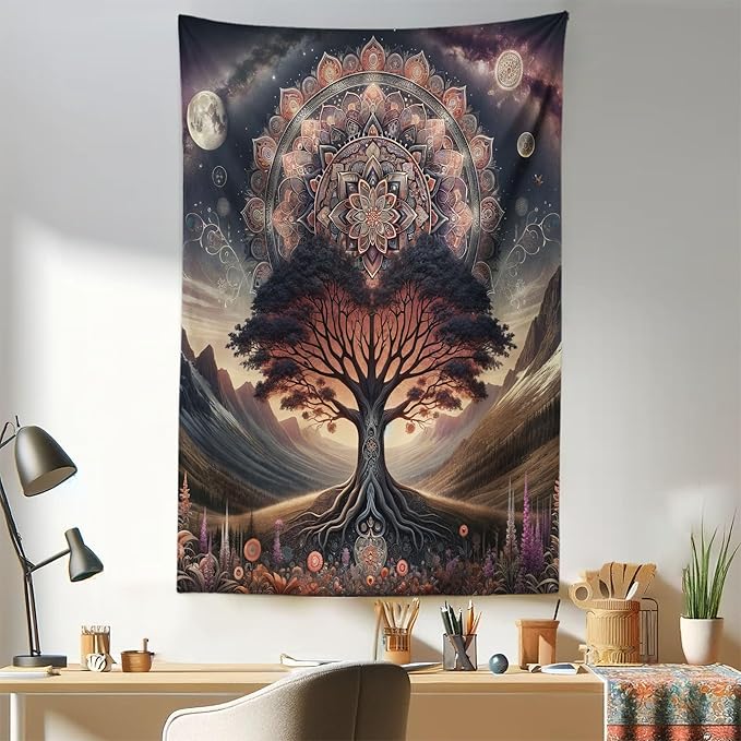 Ambesonne Hippie Tapestry, Scandi Myth Tree of Life and Trippy Floral Motif with Space Landscape, Fabric Wall Hanging Decor for Bedroom Living Room Dorm, 30" X 45", Dark Slate Blue Indigo