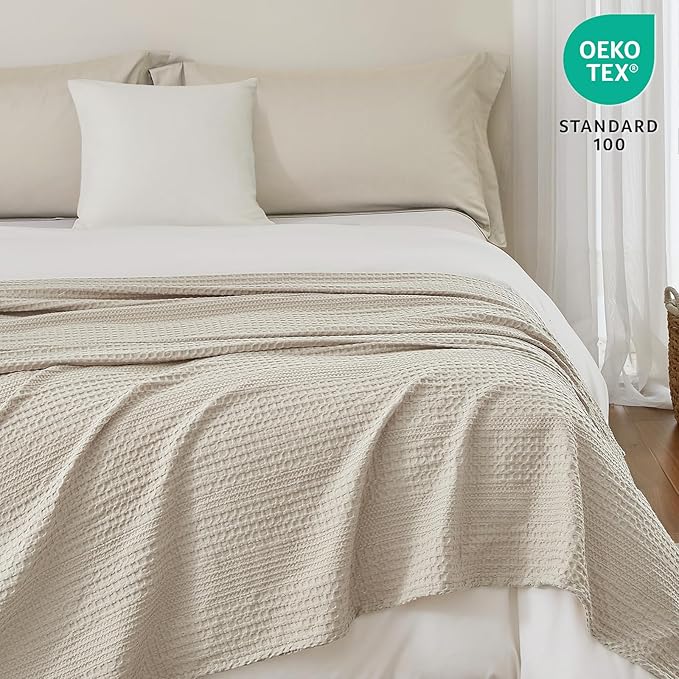 PHF Lightweight Waffle Weave Blanket Queen Size, Breathable & Ultra Soft, 90"x 90" Soft & Cozy Thin Blanket, Perfect for Summer & Hot Sleepers, Bed, Home Decor - Natural