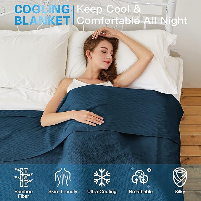 AmyHomie Cooling Blankets, 100% Rayon Derived from Bamboo, Cool Summer Blanket for Hot Sleepers, Soft Comfy Lightweight Blankets for All Seasons(Navy, 79×91 in)