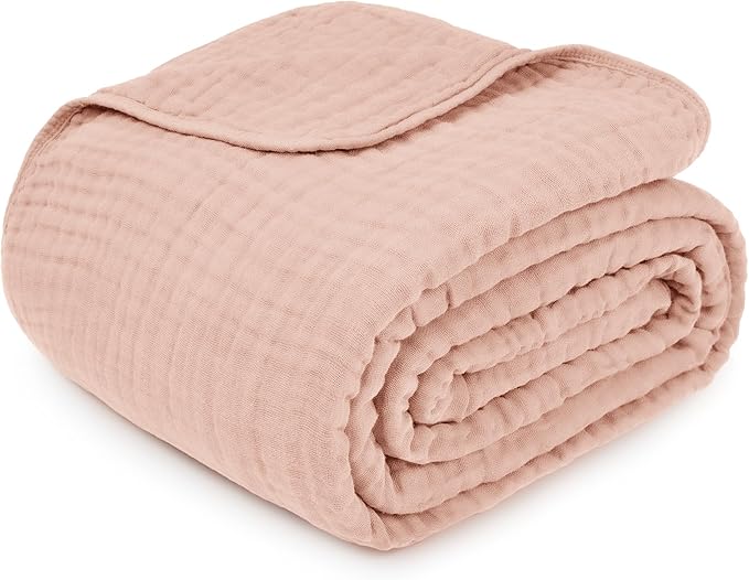 Comfy Cubs Muslin Throw Blanket - 50” x 60” Quilted Design - Lightweight, Breathable 6-Layer Gauze Fabric - Soft Cotton Blanket for Home or Travel - Packaged in Elegant Gift Box - Blush