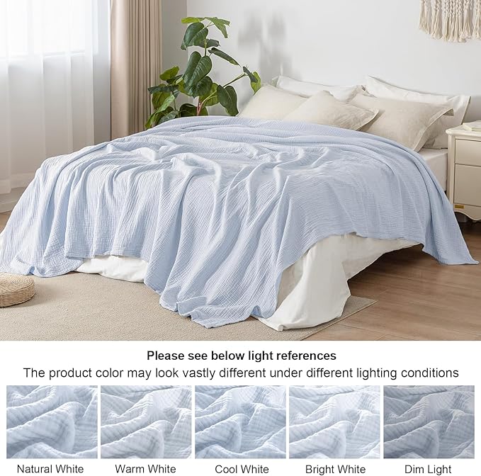 PHF 100% Cotton Muslin Blanket King Size 108" x 90", 4-Layer Lightweight and Breathable Blanket for Summer, Luxuriously Soft Gauze Bedding for Bed, Natural Minimalism Style, Ideal Gift, Ancient Water