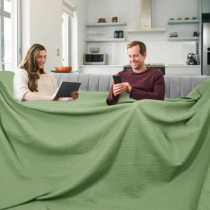 PHF Pre-Washed Cotton Waffle Weave Family Blanket,Oversized King Size 120"x 120"-Snag Proof Lightweight Breathable, 10'x 10' Huge Extra Large Big-Elegant Aesthetic Home Decoration Gift,Loden Green