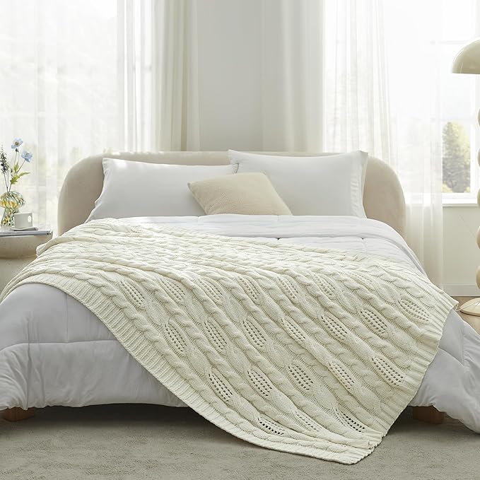 Amélie Home Chunky Knit Chenille Throw Blanket, Breathable Cable Knitted Blanket for Couch, Farmhouse Decorative Throw for Sofa Chair Bed, 60"x80", Ivory