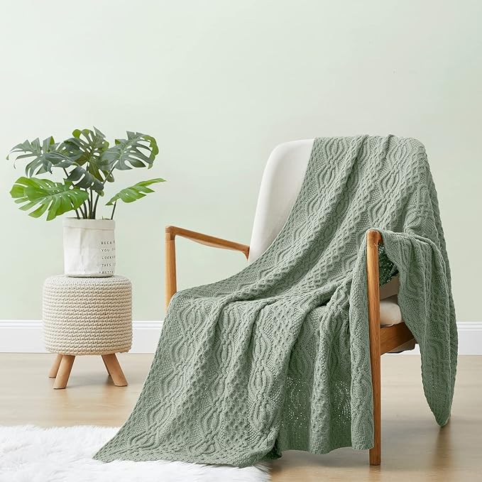 Aormenzy Sage Green Cable Knit Throw Blanket, Soft & Warm Knitted Blanket Oversized for Couch Bed Sofa Living Room, 60 x 80 inch