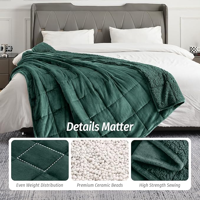 Wemore Sherpa Fleece Weighted Blanket for Adult, 20 lbs Dual Sided Cozy Fluffy Heavy Blanket, Ultra Fuzzy Throw Blanket with Soft Plush Flannel Top, 60 x 80 inches, Green on Both Sides