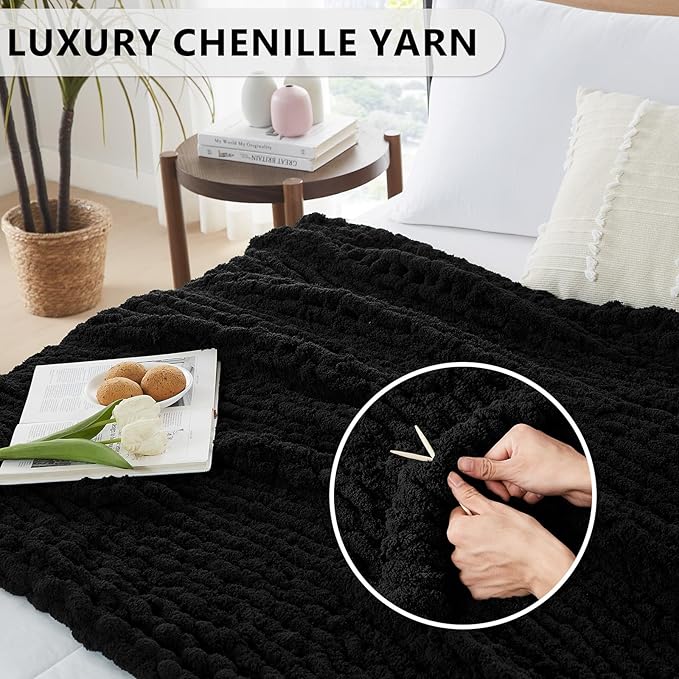 L'AGRATY Chunky Knit Blanket Throw: 72''x84'' Chenille Chunky Knitted Throw Blanket for Bed Couch - Handmade Thick Big Cable Knit Blanket - Large Chunky Crochet Rope Blanket for Home Decor(Black)