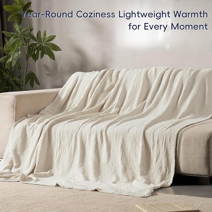 PHF 100% Cotton Muslin Blanket King Size 108" x 90", 4-Layer Lightweight and Breathable Blanket for Summer, Luxuriously Soft Gauze Bedding for Bed, Natural Minimalism Style, Ideal Gift, Oat Milk