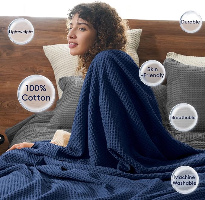 PHF Pre-Washed Cotton Waffle Weave Blanket Twin Size for Bed,Snag Proof Throw for Couch Spring Summer Lightweight Breathable,Oeko-TEX Certified,Machine Washable,Home Decor Gift-Bright Navy Blue