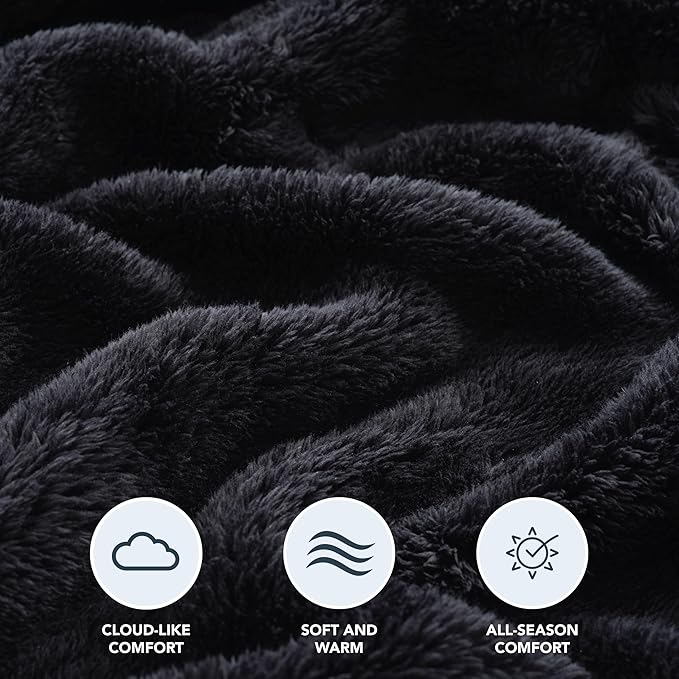 Berkshire Blanket Classic Extra-Fluffy™ Plush Blanket King Size, Soft Fuzzy Fluffy Long Hair Blanket for Couch Sofa Bed, Black, 90x108 Inches