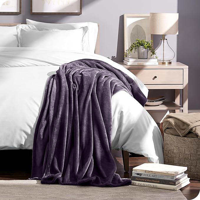 Bare Home Fleece Microplush Blanket - Lightweight Throw for Bed, Sofa, Couch, Movie Night, Camping, Gifts, and Travel - Ultra Soft Warm Blanket (Throw/Travel, Eggplant)