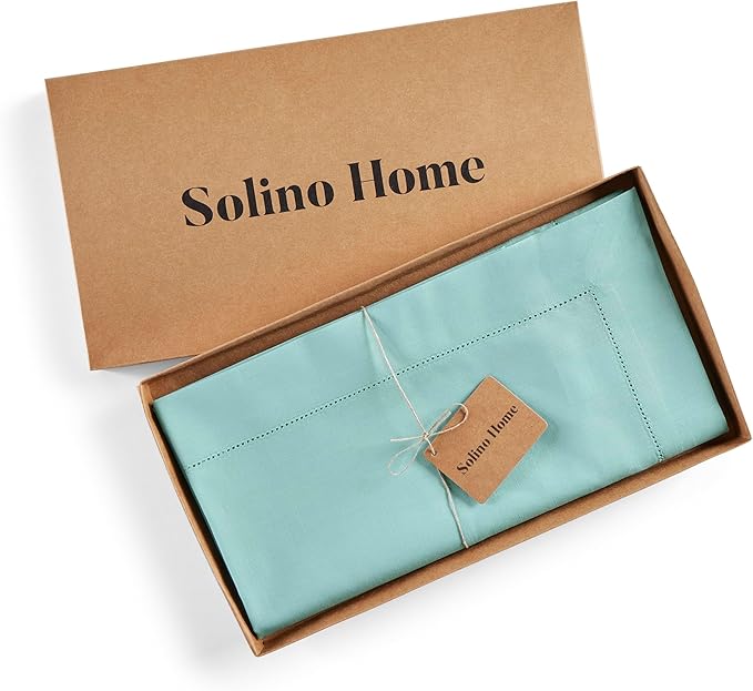 Solino Home Cotton Linen Pastel Turquoise Table Runner 72 Inches Long - Hemstitch Table Runner 14 x 72 Inch for Dresser, Dining and Summer