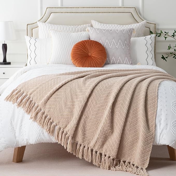 BATTILO HOME Beige Throw Blankets for Couch, Knitted Tan Throw Blanket for Twin Bed, Super Soft Warm Large Throws for Home Decor, 60" x 80"