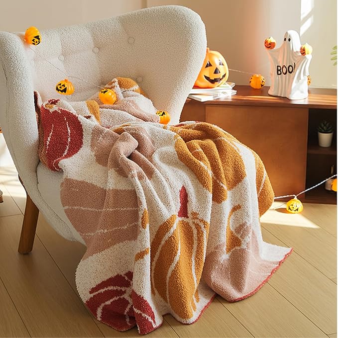 Pumpkin Throw Blanket for Couch 50x70 Fall Halloween Blankets, Soft Cozy Reversible Textured Fleece Fluffy Blanket for Bed Sofa Autumn Home Decor