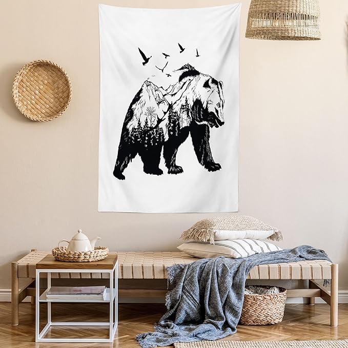 Ambesonne Bear Tapestry, Mammal Silhouette Mountain Landscape Flying Birds and Forest Wildlife Design, Fabric Wall Hanging Decor for Bedroom Living Room Dorm, 23" X 28", White Charcoal