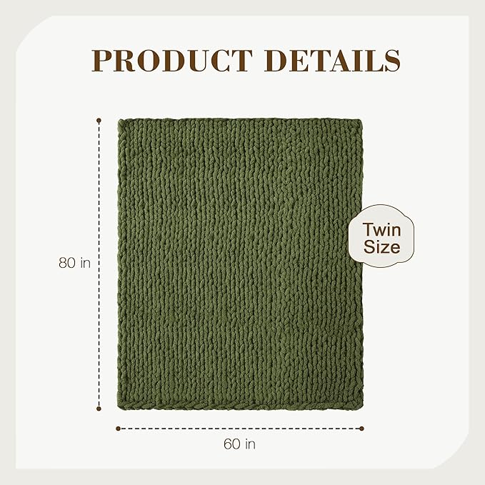Carriediosa Chunky Knit Throw Blanket 60" X 80" Twin, 100% Hand Made Large Chenille Loop Yarn Soft Fluffy Throws for Couch Sofa Bed, Big Crochet Cozy Heavy Thick Cable Woven Blankets, Olive Green
