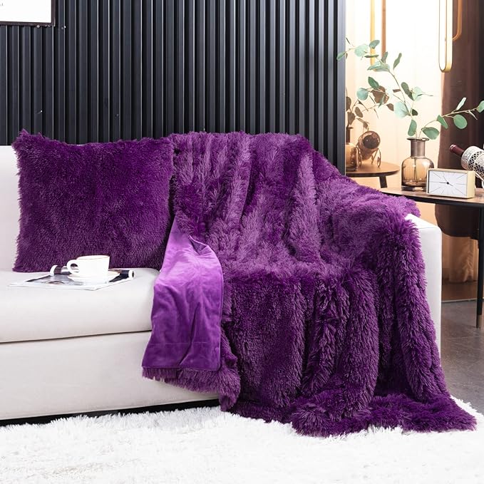 YUSOKI Purple Faux Fur Throw Blanket,2 Layers,50" x 60" Cozy Plush Fluffy Blanket Furry Fuzzy Warm Cute Shaggy Blanket for Fall Bed Living Room Décor Baby Women Pet