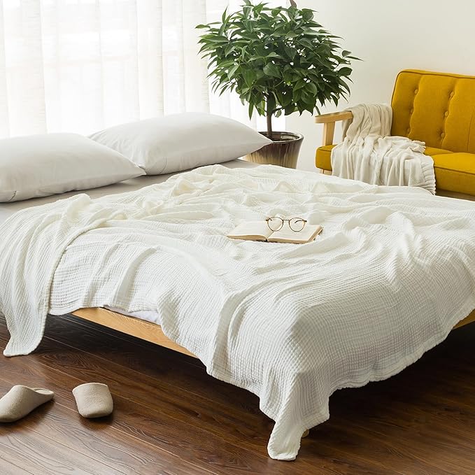 EMME Cotton Blanket for Couch Breathable Gauze All Season Soft and Lightweight Muslin White Throw Blankets for Adults (White, 50"x70")
