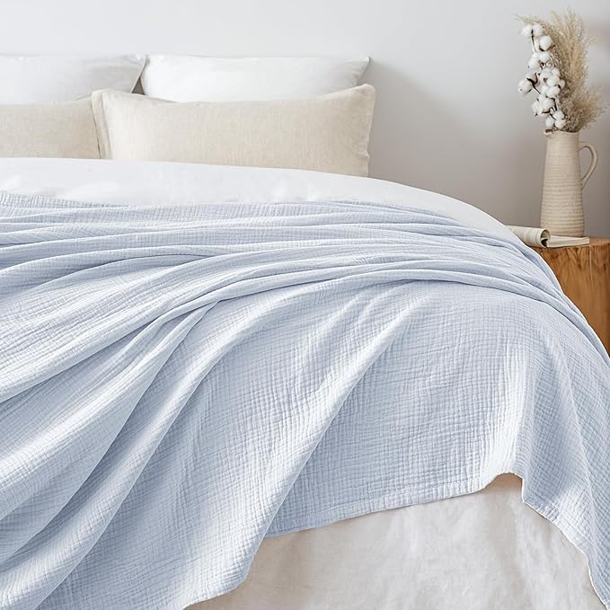 PHF 100% Cotton Muslin Blanket King Size 108" x 90", 4-Layer Lightweight and Breathable Blanket for Summer, Luxuriously Soft Gauze Bedding for Bed, Natural Minimalism Style, Ideal Gift, Ancient Water