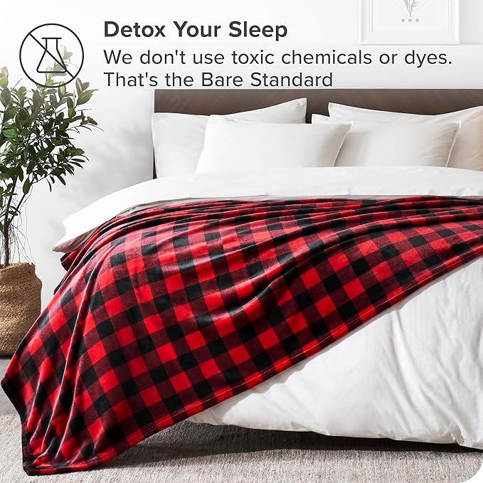 Bare Home Fleece Microplush Blanket - Extra Long - Lightweight Throw for Bed, Sofa, Couch, Movie Night, Camping, and Travel - Ultra Soft Warm Blanket (Twin/Twin XL, Chester Buffalo Plaid - Red/Black)