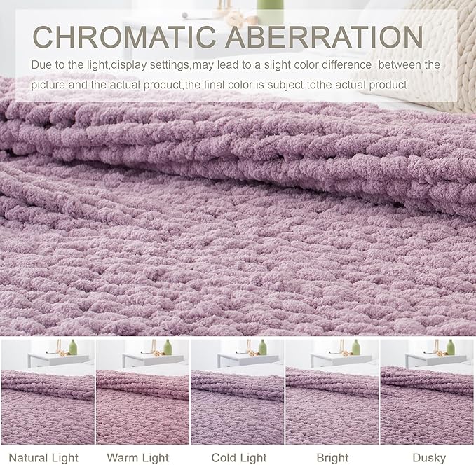 Chunky Knit Throw Blanket 50"X 60", 100% Handmade with Soft Chenille Yarn, 4.4lbs Thick Cable Knitted Blankets, Large Rope Knot Crochet Throws for Couch Sofa Bed Home Decor, Purple