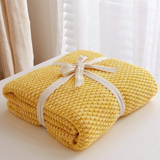 Longhui bedding Yellow Knitted Throw Blanket for Couch Sofa Bed, Soft, Cozy Machine Washable 100% Cotton Sofa Cable Knit Blankets, Large 60 x 80 Inches Oversized, Bright Yellow and White Color