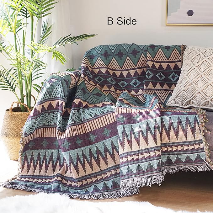 Luxlovery Bohemian Sofa Throw Blankets Ethnic Woven Farmhouse Boho Throw Blanket for Couch Black White and Orange Multicolor Aztec Bed Throws Oversized Chair Sofa Cover with Tassels(63"x86")