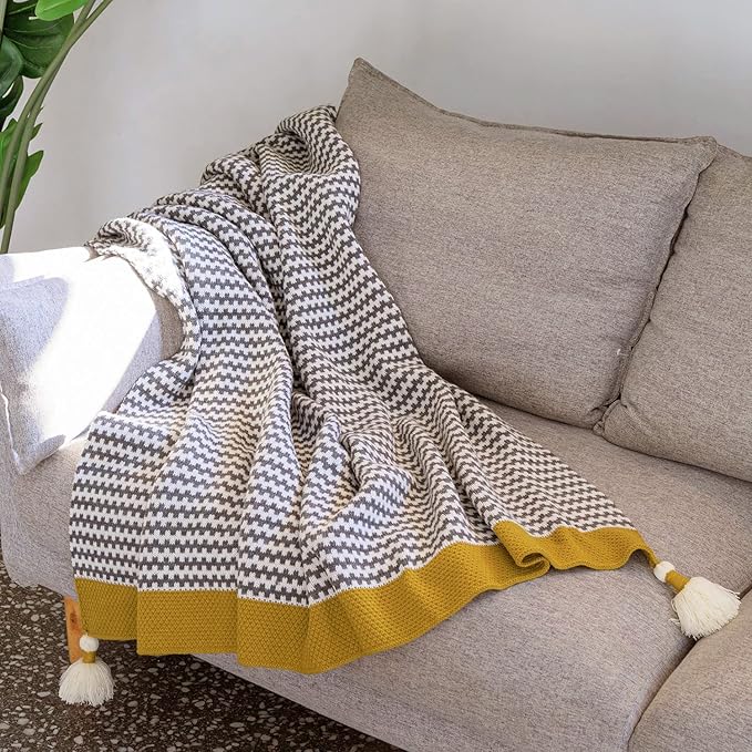 Grey Striped Throw Blanket with Tassels, Knitted Soft Boho Blanket for Couch, Sofa, Bed & Living Room - All Seasons (47.5x60 Inch)