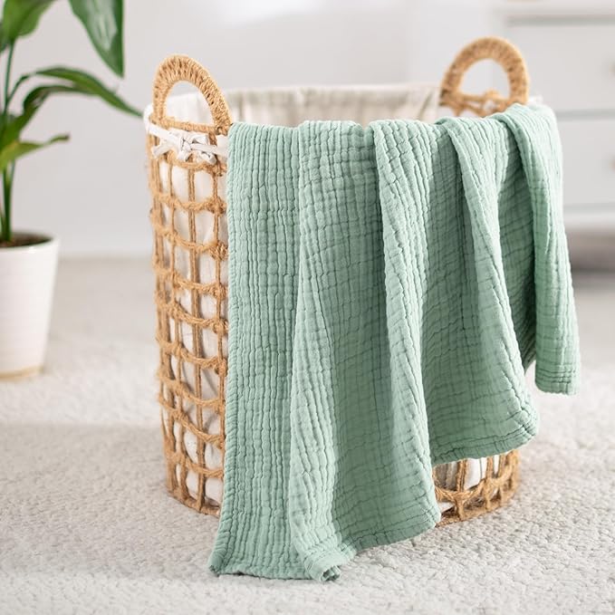 Carriediosa 100% Cotton Muslin Throw Blanket 66" X 90" Twin XL Size,4-Layers Summer Gauze Throws for Bed Couch,Soft Lightweight Breathable Linen Blankets Bedspread for Adults All Season,Sage Green