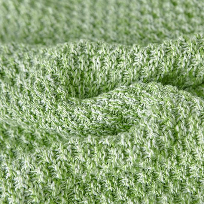 Longhui bedding Grass Green Knitted Throw Blanket for Couch - Soft, Cozy Machine Washable 100% Cotton Sofa Knit Blankets, Heavy 3.0lb Weight, 51 x 63 Inches,Grass Green and White Color.