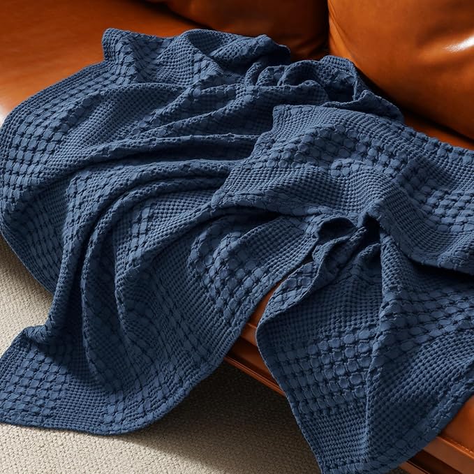 PHF 100% Cotton Waffle Weave Throw Blanket, Soft Lightweight Breathable Cozy Summer Throws for Couch Bed Sofa, Luxury Aesthetic Woven Blanket for Home Decor & Office, 50"x60", Bright Navy