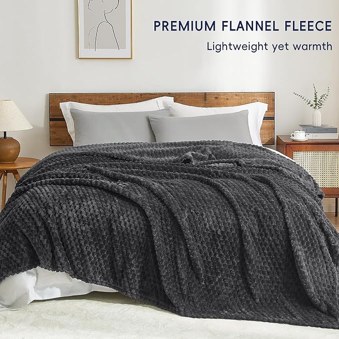 PHF Ultra Soft Flannel Fleece Blanket King Size, Lightweight 3D Jacquard Fleece Blanket, No Shedding, No Pilling, Luxury 340GSM Aesthetic Fluffy Cozy for Bed Room Decor, 108"x90", Dark Grey