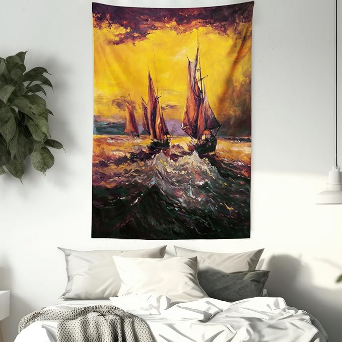 Ambesonne Country Tapestry, Image of Old Sailboats Ships Cruising in Waves at Sunrise Time Dark Sky Art, Fabric Wall Hanging Decor for Bedroom Living Room Dorm, 23" X 28", Yellow Orange