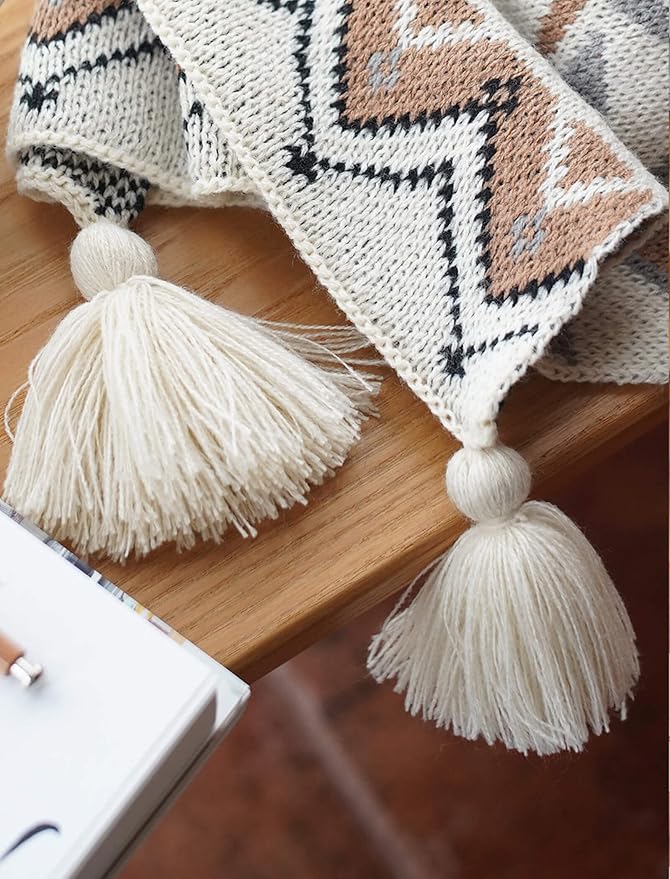 Brown Throw Blankets, Knitted Tassel Vintage Tan Throw Blanket, Soft Lightweight Boho Throw Blanket for Sofa Couch Bed and Living Room- All Seasons (50x85 Inch)