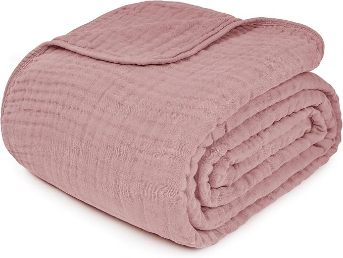 Comfy Cubs Muslin Throw Blanket - 50” x 60” Quilted Design - Lightweight, Breathable 6-Layer Gauze Fabric - Soft Cotton Blanket for Home or Travel - Packaged in Elegant Gift Box - Mauve