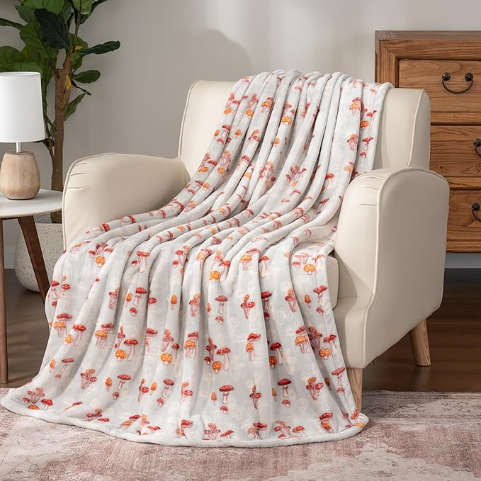 Berkshire Blanket-Classic Heavyweight Soft Printed VelvetLoft® Plush Throw Blanket, Cozy and Fuzzy, Mushroom Field Grey, 50in x 70in