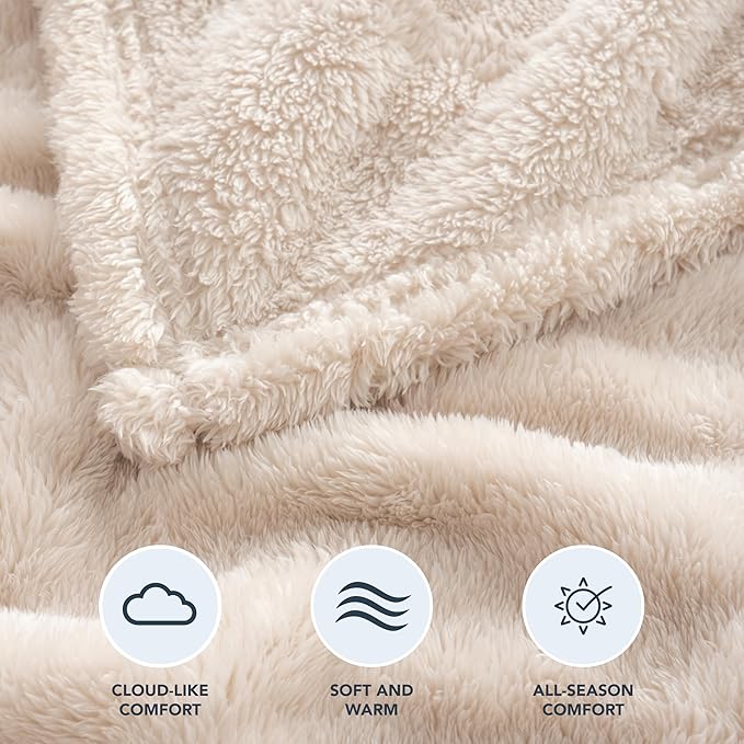 Berkshire Blanket Classic Extra-Fluffy™ Plush Throw Blanket, Soft Fuzzy Fluffy Long Hair Throw Blanket for Couch Sofa Bed, Chino Khaki, 50x60 Inches