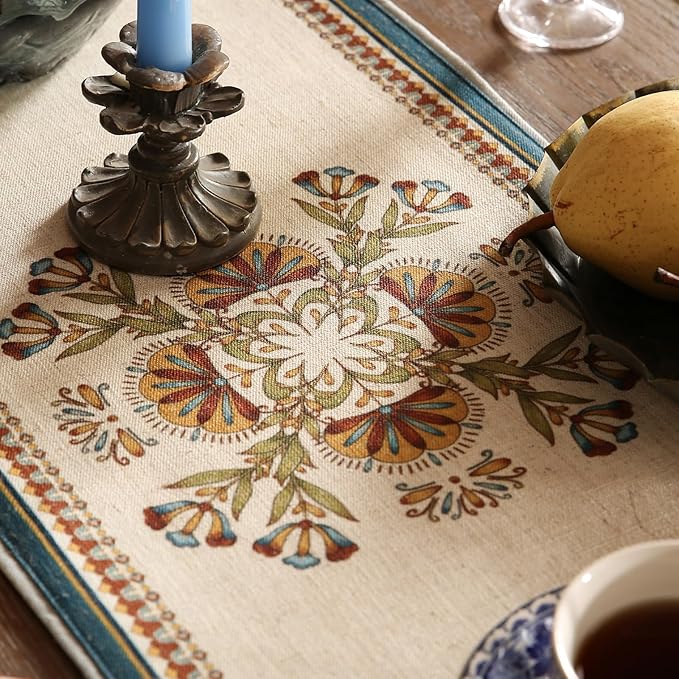 patdrea Designer Beige Farmhouse Geometric Patterned Linen Table Runner 87 Inch Long,Wrinkle Resistant Table Mat,Decoration for Kitchen Dining and Coffee Tables Banquet Christmas , 12"x87"