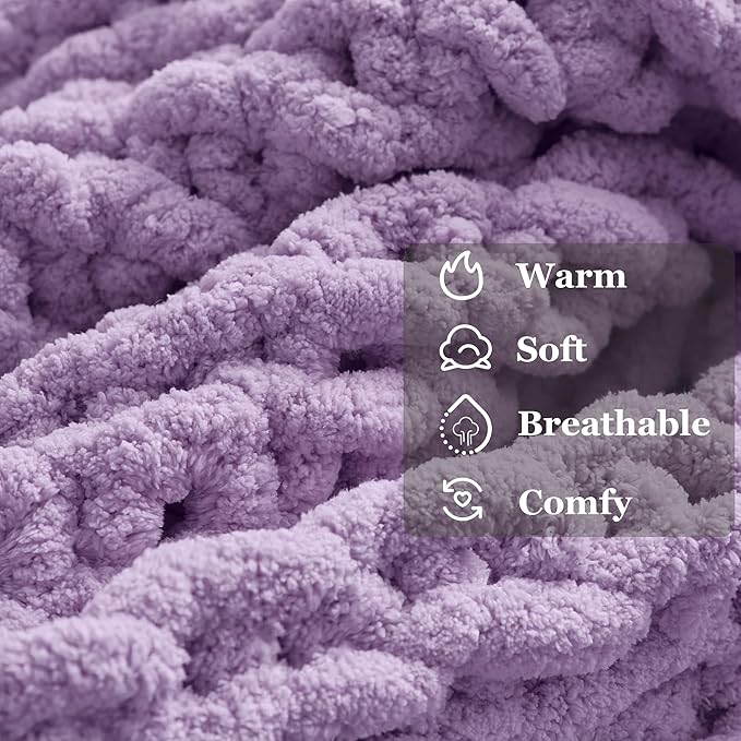 Light Purple Throw Blanket, 40" x 50" Chunky Knit Blanket, Handmade Warm & Soft Chenille Throw Blanket, Washable Decorative Knit Blanket with Jumbo Chenille Yarn for Couch Bed Sofa