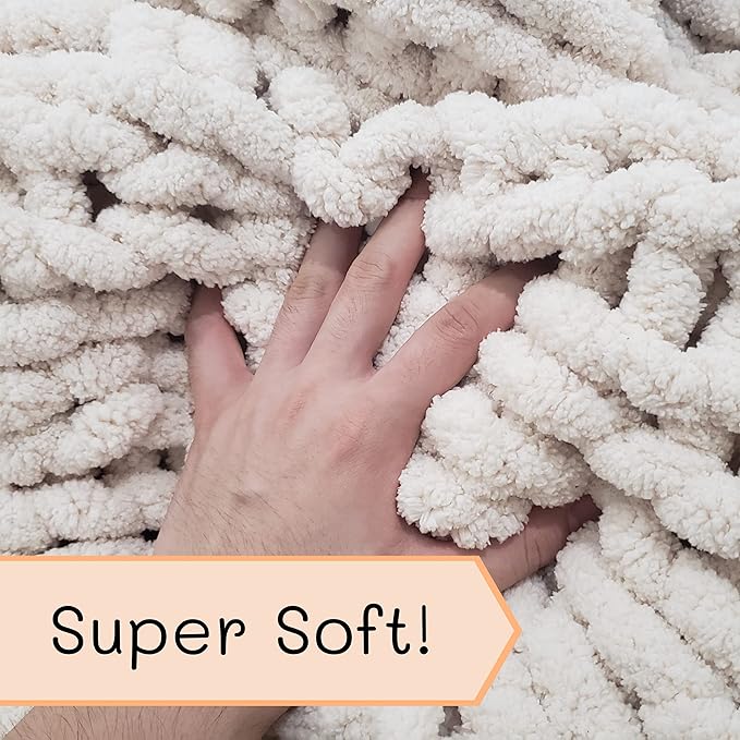 Adyrescia Chunky Knit Blanket Throw | 100% Hand Knit with Jumbo Chenille Yarn (40"x50", Cream White)