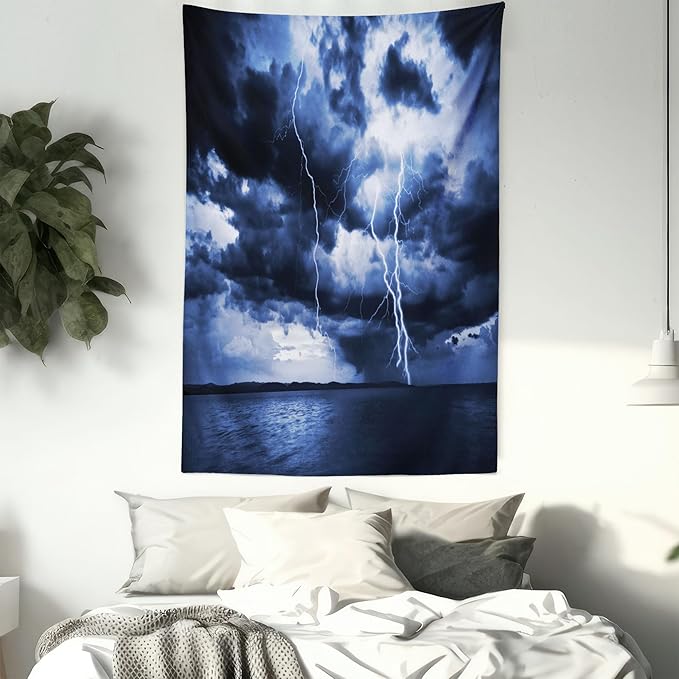 Ambesonne Nature Tapestry Twin Size, Majestic Sky View with Huge Rain Clouds All Over The Sea and Vibrant Storm Rays Print, Wall Hanging Bedspread Bed Cover Wall Decor, Twin Size, Blue
