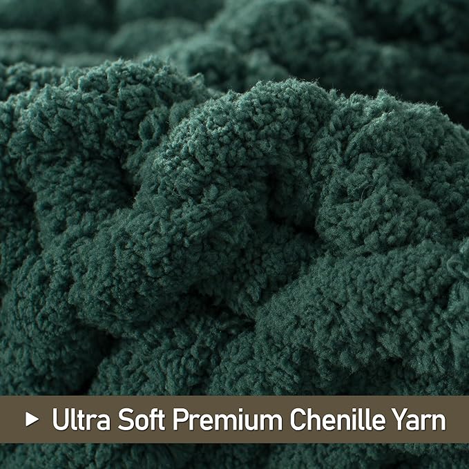 Chunky Knit Throw Blanket 60"X 80", 100% Handmade with Soft Chenille Yarn, 4.4lbs Thick Cable Knitted Blankets, Large Rope Knot Crochet Throws for Couch Sofa Bed Home Decor, Dark Green