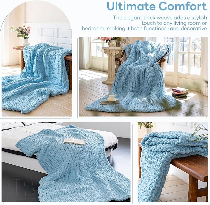 Chunky Knit Blanket - Luxury Soft Cozy Queen Size(40 * 50) Throw Blanket,100% Woven Blanket Rope Knot Throw Blanket for Couch, Sofa, Home Decor, Gift - Machine Washable(Light Blue)