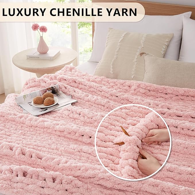 L'AGRATY Chunky Knit Blanket Throw - Soft Chenille Yarn Throw Blanket 50x60: Handmade Thick Cable Knit Crochet Blanket - Large Knit Blanket Chunky Rope Knot Throw Blanket for Couch Sofa Bed Home Decor