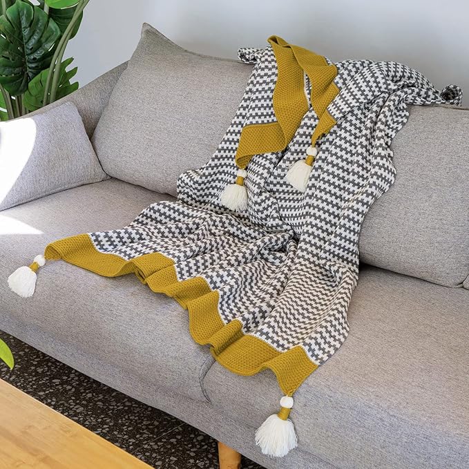 Grey Striped Throw Blanket with Tassels, Knitted Soft Boho Blanket for Couch, Sofa, Bed & Living Room - All Seasons (47.5x60 Inch)