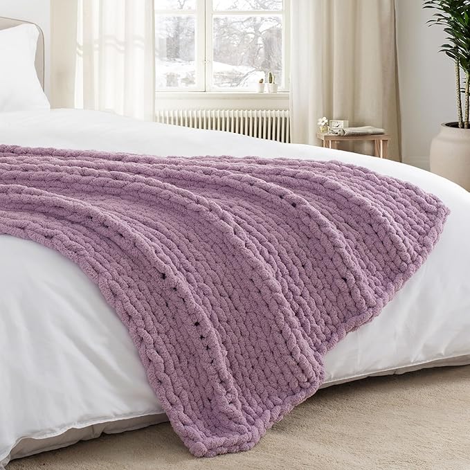 Chunky Knit Throw Blanket 50"X 60", 100% Handmade with Soft Chenille Yarn, 4.4lbs Thick Cable Knitted Blankets, Large Rope Knot Crochet Throws for Couch Sofa Bed Home Decor, Purple