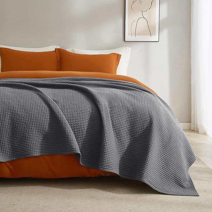 PHF Pre-Washed Cotton Waffle Weave Blanket Queen Size for Bed,Snag Proof Throw Blanket for Couch Spring Summer Lightweight Breathable,Oeko-TEX Certified,Machine Washable, Home Decor Gift,Charcoal