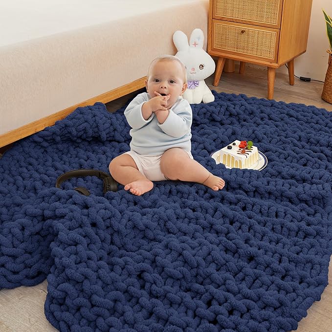 Knit Blanket 40"x50" Navy Blue Cream Soft Washable Chenille Throw Blanket Cozy 100% Handmade Crochet Blankets with Jumbo Chenille Yarn for Couch Bed Sofa Room Decor