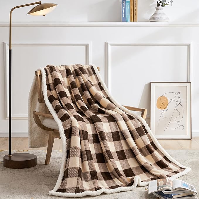Touchat Sherpa Buffalo Plaid Christmas Twin Blanket 60" X 70", Fuzzy Fluffy Soft Cozy Throw Blanket, Fleece Flannel Plush Microfiber Blanket for Couch Bed Sofa(Brown)
